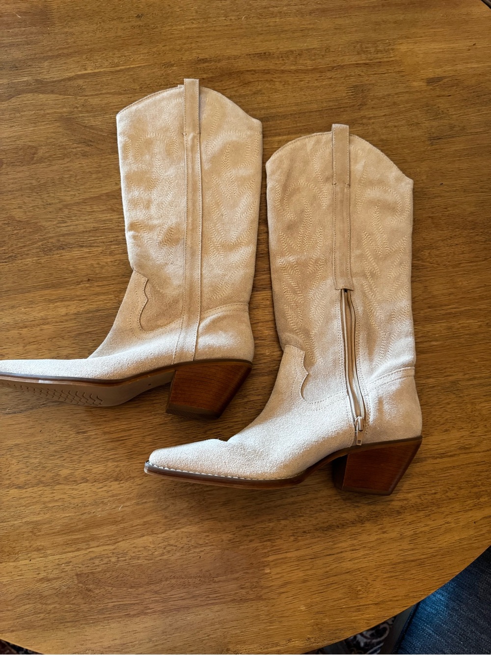 Knee-High Cream Suede Western Block Heel Boots